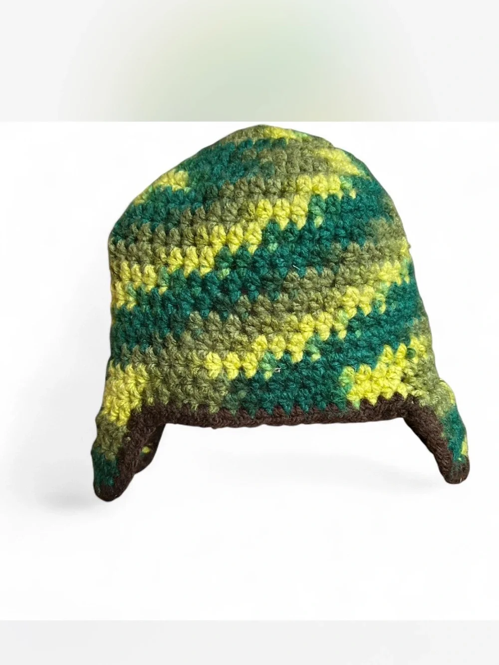 Handmade Crocheted Earflap Hat in Green & Yellow